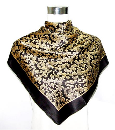 Satin Gold Oriental Paisley Print on Black - Silk Square Scarf 35x35 (FMS04780)