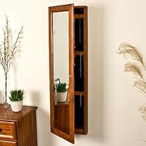 Oak Finish Wall-Mount Jewelry Mirror Armoire Organizer