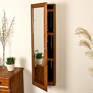 Southern Enterprises Wall mount Jewelry Mirror W Plantation Oak Finish
