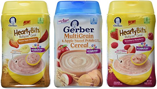 Gerber Baby Cereal 3 Flavor Variety Bundle: (1) Gerber Hearty Bits Banana Apple Strawberry Multigrain Cereal, (1) Gerber Multigrain & Apple Sweet Potato Cereal, and (1) Gerber Hearty Bits Strawberry Raspberry Multigrain Cereal, 8 Oz. Ea. (3 Cereal Bo
