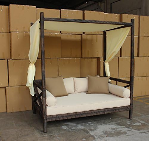 Outdoor Patio Wicker Rattan Bali Sunbed Day Bed Furniture Lounger Sofa, with Canopy and Pillows