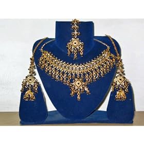 Christmas Gift-bollywood Indian Jewelry Kundan Style Necklace Set and Earring in Gold Finish and Beads-4pc Set(brand New)