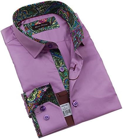 Giannia Lorenzo Mens Lavander Dress Shirt with a Green Paisley Trim (Small)