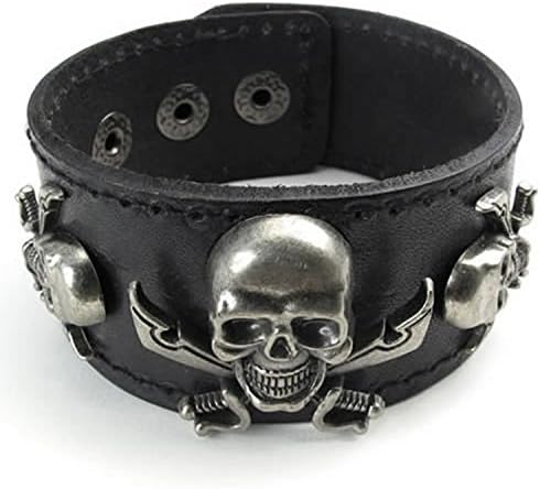 Mygoodie Jewelry Wide Leather Gothic Pirate Skull Men's Bangle Cuff Bracelet, Fits 7"