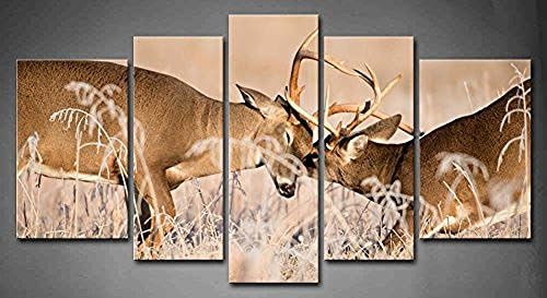 Flora Woods Painting 5 Panels White Tailed Deer Bucks Sparring Painting Print On Canvas Animal Picture Modern Painting