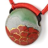 Painted Blush Red And Green Lotus With Fine Gold Detail - Cherry Red Woven Accents - Gray Musk Hand Made Thick Round Ceramic Pendant - Dark Brown Adjustable Necklace