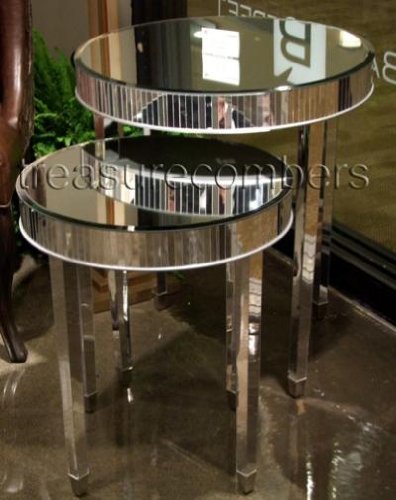 Round Mirrored Side Accent End Tables - Set of 2 - Art Deco - Hollywood Regency - Glam Decor