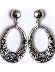 Mayan Copan King Ritual Stela 63 Design .925 Sterling Silver Drop Oval Earrings