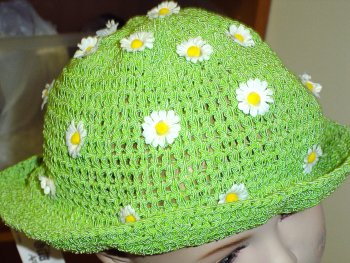 Ht25lm, Hand crocheted Lime gimp Floppy Hat With Daisies all over