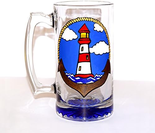 Lighthouse - Nautical - Hand Painted Glass - Beer Mug - Custom - Personalized - Gift