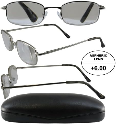 Men's High-Powered Reading Glasses: Silver Frame and Black Case +6.00 Magnification Aspheric Lenses