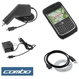 Black Rubber Silicone Skin Cover Case + Rapid Car Charger + Home Travel Charger + USB Data Cable for RIM Blackberry 8900 Curve Smartphone