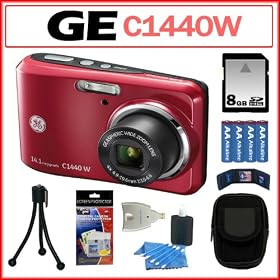 GE C1440W 14MP Digital Camera with 4X Optical Zoom and 2.7-inch LCD in Red + 8GB SDHC + Card Reader + AA Battery 4-Pack + Camera Case + Accessory Kit