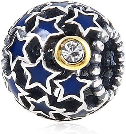 Night Sky with Blue Enamel Stars Charm 925 Sterling Silver Austrian Crystal Bead for European Bracelet Jewelry