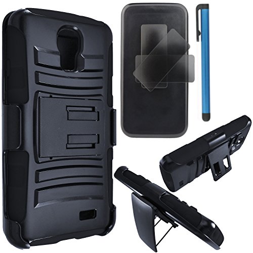 LG L31G / LG Access LTE Case Combo by ICE-CLEAR(TM)-HERCULES Dual- Layer Hard/Gel Hybrid Kickstand Armor Case w/ Holster (Black/Black)+Touch Screen Stylus