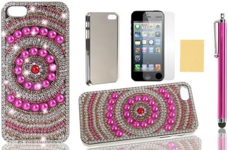 OMIU(TM) Concentric Circles Full Bling Rhinestone Diamond Pearls Metal Hard Back Case Cover for Apple iPhone 5 5S(Rose Red), with Screen Protectors, Stylus and Cleaning Cloth