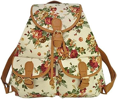 Tai523 Women Girls Floral Canvas School Book Satchel Travel Backpacks Rucksack (White)