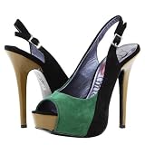 Triple Colorblock Peeptoe Slingback Heels BLACK GREEN
