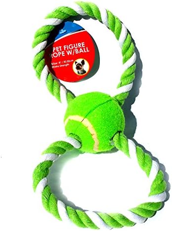 Fancy Figure 8 Monster Chewable Cotton Blend Color Rope with Tennis Ball, with new non abrasive fabric and DSS (Dog Sense Smell) smell technology Large, 8" Inch