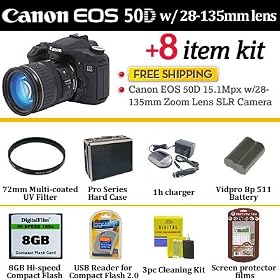 Canon EOS 50D 15.1MP W /28-135mm Zoom Lens Digital SLR Camera 2807B005 + 8GB Memory + 3 Piece Filter Kit + Extra BP511 Battery + Pro Hard Case & ButterflyPhoto Package + Free Shipping