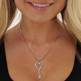 Heart Key Rhinestone Pendant Charm Silver Tone Chain Austrian Crystal Gift Idea