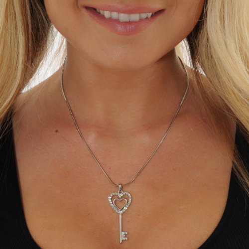 Heart Key Rhinestone Pendant Charm Silver Tone Chain Austrian Crystal Valentine's Day Gift Idea