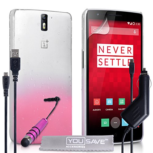Yousave Accessories OnePlus One Case Baby Pink / Clear Raindrop Hard Cover With Mini Stylus Pen, Car Charger And Micro USB Cable