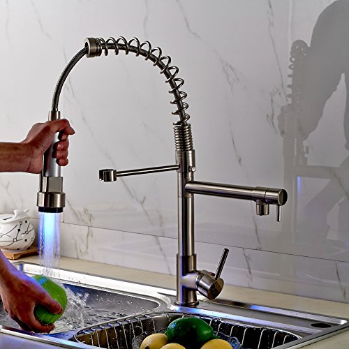rozin Deck Mount Spring Contemporary Nickel Brushed Finish Single Handle Swivel LED Pull Out Kitchen Sink Faucet Two Spout Pull Down Kitchen Faucet with Sprayer Unique Design Led Water Flow Powered Ceramic Valve Bar Faucets