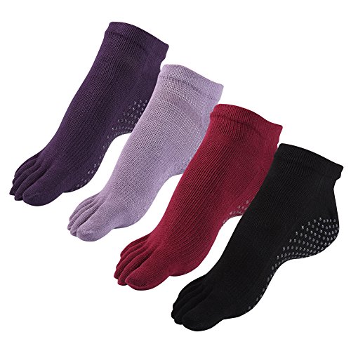 Cosfash Yoga Socks Non Slip Skid Toe Grips for Pilates Barre Women Men 4 Pack