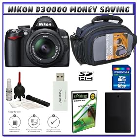 Nikon D3000 10MP Digital SLR Camera w/ 18-55mm f/3.5-5.6G AF-S DX VR Nikkor Zoom Lens w/ Transcend 16GB SDHC Card + EN-EL9a Battery + Case + Accessory Kit