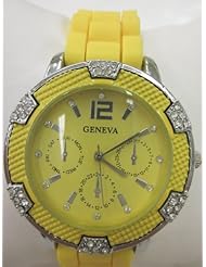 Womens Geneva Watch Bright Yellow w/ Silver Faux Chronograph Silicone Rubber Jelly Link Look Band with Cz Crystal Rhinestone Clusters Around Face Bling Bezel. Yellow Dial. Gift Box Included for Easy Gift Giving.