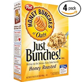 Honey Bunches of Oats Just Bunches! Honey Roasted Cereal, 17-Ounce Boxes (Pack of 4)