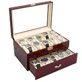 Rosewood Finish Watch Case Display Storage Box Chest With Clear Viewing Top Holds 20 Watches by Caddy Bay Collection