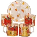 ArtisanStreet's 8 Piece Hot Drink Set. Hand Painted Set Includes 4 Mugs & 4 Matching Saucers. Each Cup & Plate Is Decorated with Pumpkins, Hay Bales, Corn Stalks, Falling Leaves. Use for Coffee, Tea. Cider, Hot Chocolate. Made to Order, Signed by Artisan.