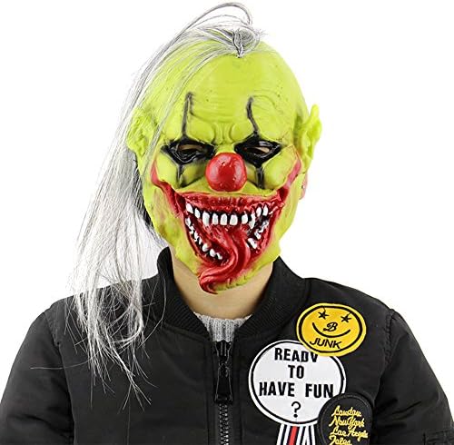 PrettyGal Scary Tricky Green Face Horror Halloween Party Mask with Wig Hair Clown Latex Mask for Halloween Masquerade
