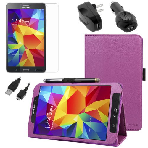 BIRUGEAR SlimBook Leather Folio Stand Case w/ Charger, Screen Protector for Samsung Galaxy Tab 4 7.0 SM-T230 T231 T235 7'' Android Tablet (Purple)