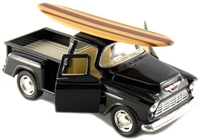 Set of 4: 5" 1955 Chevy Stepside Pickup with Surfboard 1:32 Scale (Black/Blue/Red/Yellow)