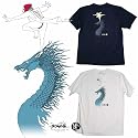 Dragon Rider, art by Hideo Takeda. A tattooed samurai hangs five on the head of a wild dragon. Line art on the front and full color graphic on the back. This 100% cotton t-shirt is available in black and white.