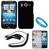 Black Durable Protective Rubberized Crystal Hard Case Cover for AT&T Wireless New HTC Inspire 4G Android Smart Phone + Mirror Screen Protector + Black Rapid Car Charger with IC Chip + SumacLife TM Wisdom Courage Wristband