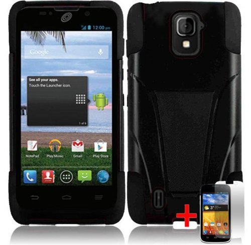 ZTE MAJESTY Z796C BLACK HYBRID T KICKSTAND COVER HARD GEL CASE + FREE SCREEN PROTECTOR from [ACCESSORY ARENA]