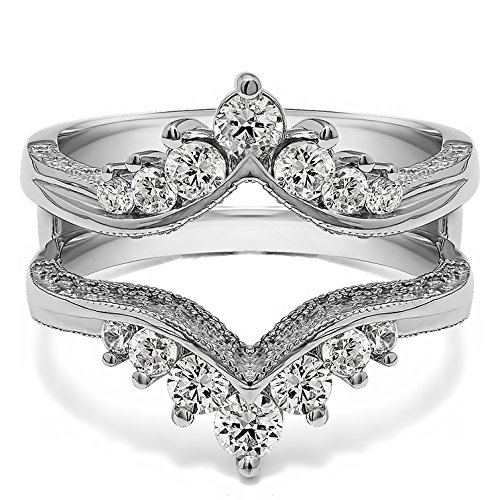 Silver Chevron Style Ring Guard with Millgrained Edges and Filigree Cut Out Design with CZ (0.74 ct. twt.)