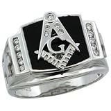 Sterling Silver Men's Black Onyx Masonic Ring w/ CZ Stones & Frosted Crosses on Sides, 19/32 in. (15mm) wide, size 11