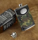 PERSONALIZED Engraved 8 Oz GREEN CAMOUFLAGE LIQUOR FLASK With FUNNEL Leather Stainless Steel