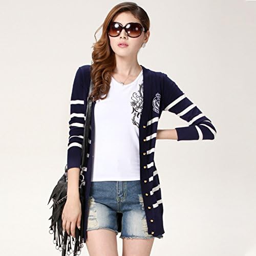 LOCOMO Women Blue White Stripe Striped Pattern Long Sleeve Cardigan FFJ009BLU
