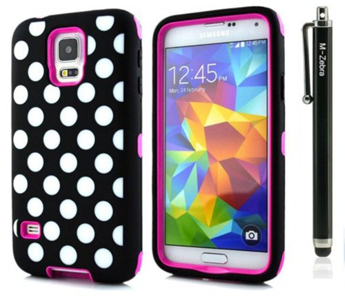 M-Zebra Hybrid Dual Layer Armor Defender Protective Case Combo for Samsung Galaxy S5 i9600 , with Screen Protectors+Stylus (Black)+Cleaning Cloth (Polka Dot Hot Pink)