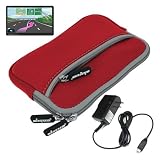 Skque Red Glove Series Carrying Case + Clear Screen Protector + Home Wall Charger for Garmin Nuvi 1450 1450LMT