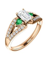 14K Rose Gold Emerald Cut Diamond and Emerald Ring -- LIFETIME WARRANTY