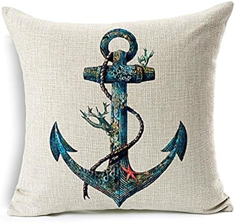 VYES Cotton Linen Square Throw Pillow Case Decorative Cushion Cover Pillowcase for Sofa Blue Rusty Anchor with Coral