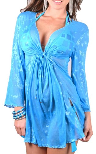 COQUETA Burnout Sexy Beach Wear Swimwear Cover Up Shirt Dress BLUE-One Size