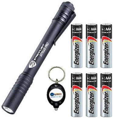 BUNDLE: Streamlight Stylus PRO Penlight/Flashlight Black 66118, Red 66120, Silver 66121, OR Blue 66122 w/ 6x Energizer AAA Energizer Max Alkaline batteries and Lightjunction Keychain Light (Black)
